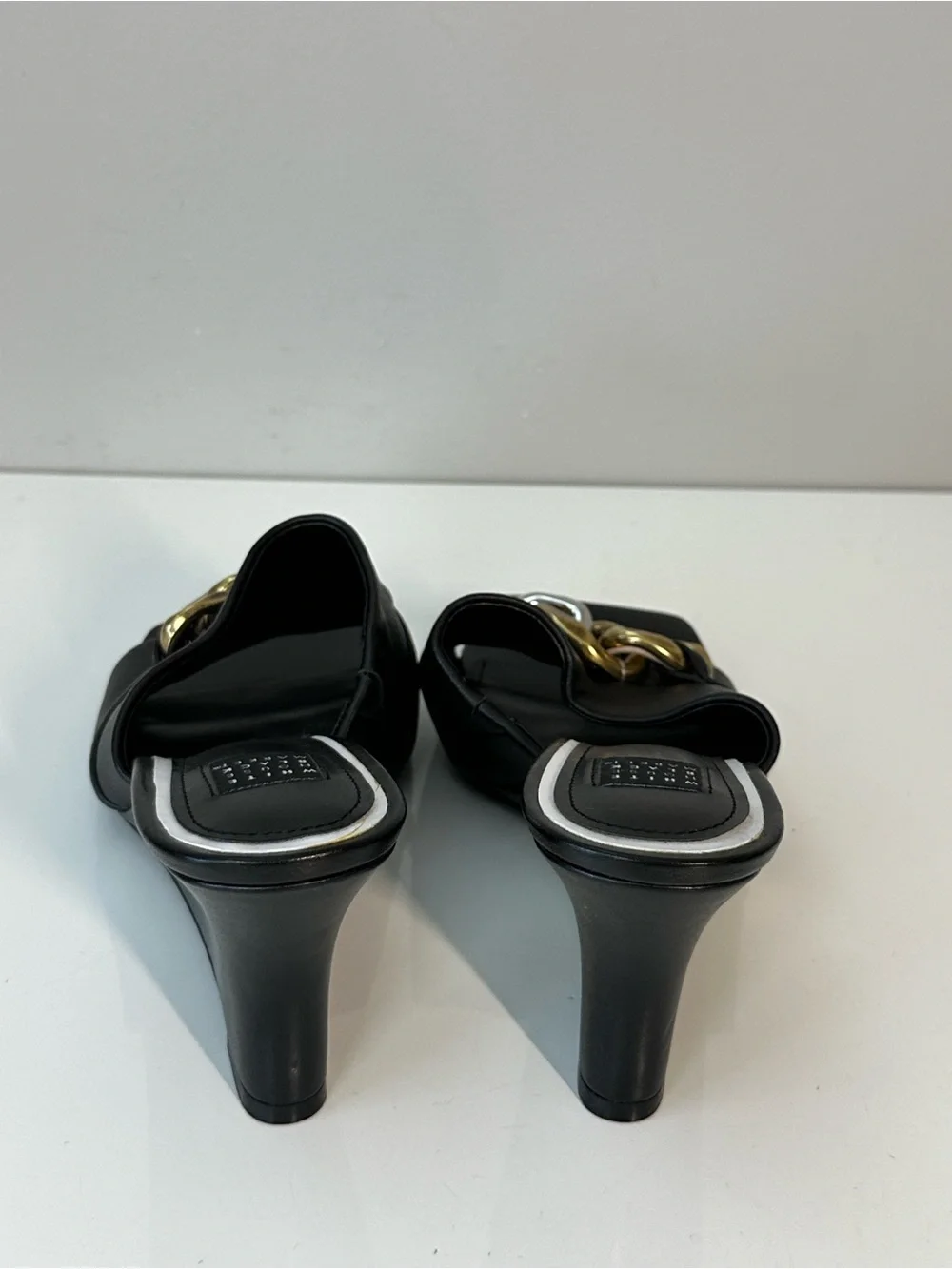 WHBM Black Wedges with Chain Accents Size 7.5 Square Toe Contemporary